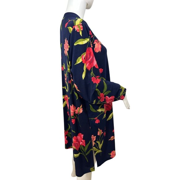 Susan Graver QVC Mini Dress 1XP Navy Floral V-Neck Button Down Slits Pockets - Picture 4 of 14